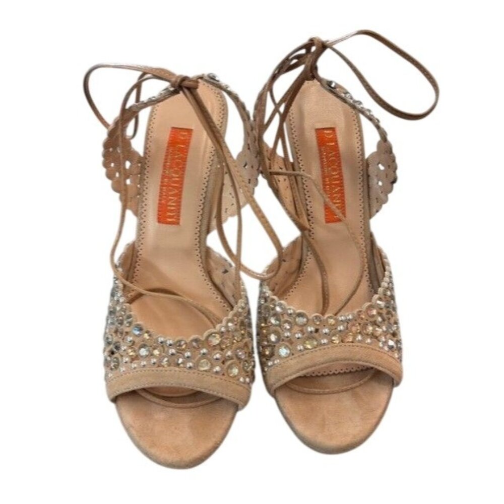 D. LACQUANITI Beige‎ Crystal Embellished Lace-Up Sandals 3.5"